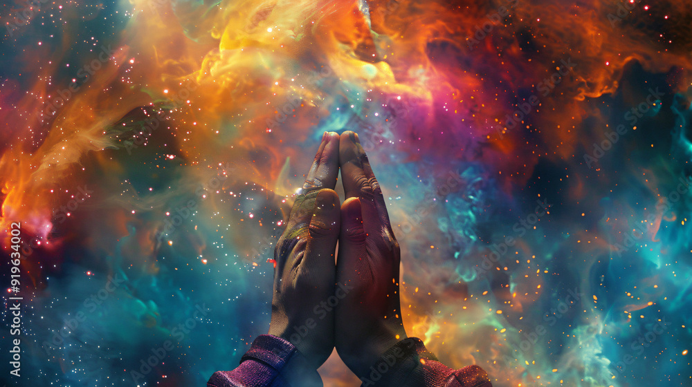 Obraz premium Person meditates with hands clasped in front of a vibrant galaxy backdrop, symbolizing spirituality and the interconnectedness of the cosmos