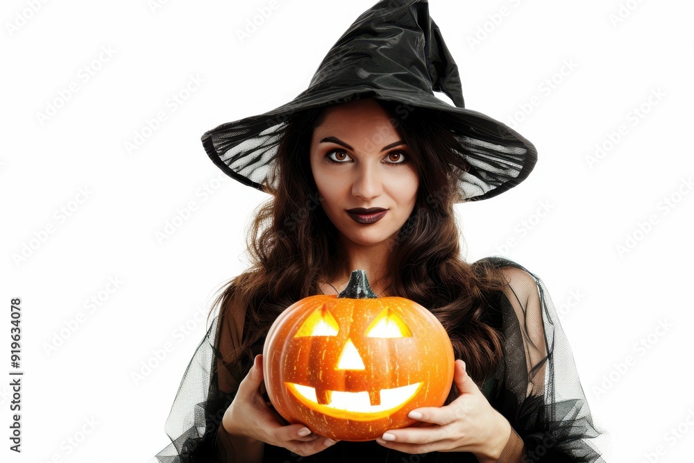 A woman dressed as a witch in a black outfit and pointed hat holds a glowing Jack-o'-lantern with a mischievous smile. She has dark wavy hair, intense eye makeup against a white background A woman dressed as a witch in a black outfit and pointed hat holds a glowing Jack-o'-lantern with a mischievous smile. She has dark wavy hair, intense eye makeup against a white background