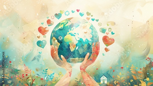 Digital Illustration Symbolizing International Day of Charity - Diverse Hands Forming a Heart with Charitable Symbols Inside