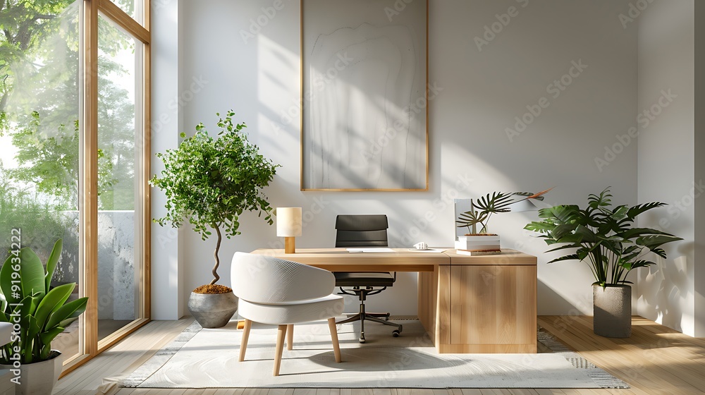 A bright Scandinavian style office with light wood furniture, white walls, and minimalist decor, featuring large windows letting in natural light, a sleek desk, ergonomic chair, A bright Scandinavian style office with light wood furniture, white walls, and minimalist decor, featuring large windows letting in natural light, a sleek desk, ergonomic chair,