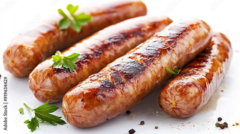Cooked sausages on a white background. Cooked sausages on a white background.