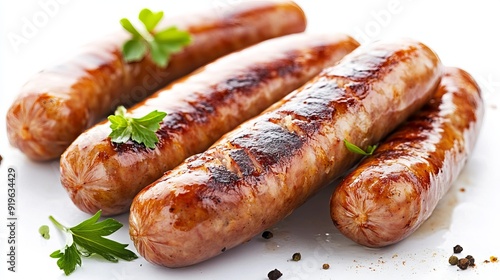 Cooked sausages on a white background.