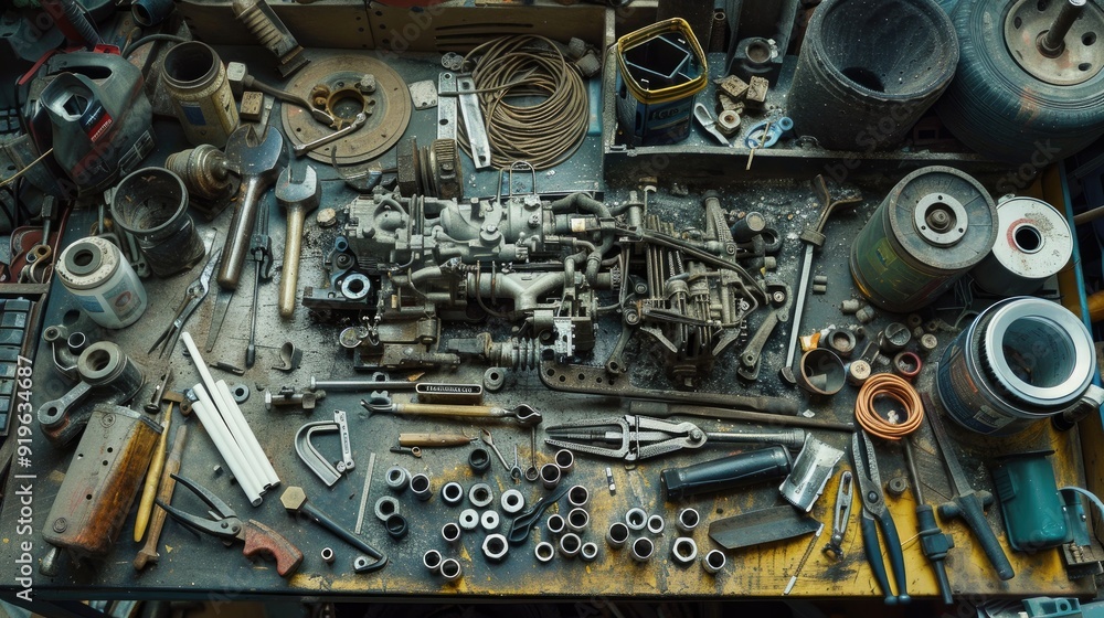 Fototapeta premium A cluttered workbench with various tools and parts, including a large metal engine component, a pair of pliers, a wrench, a screwdriver, a roll of wire, a grinder, and a container of lubricant.