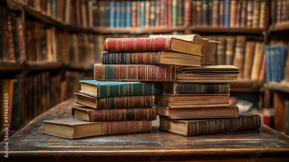 Collection of books on a table in a library, related to education. 