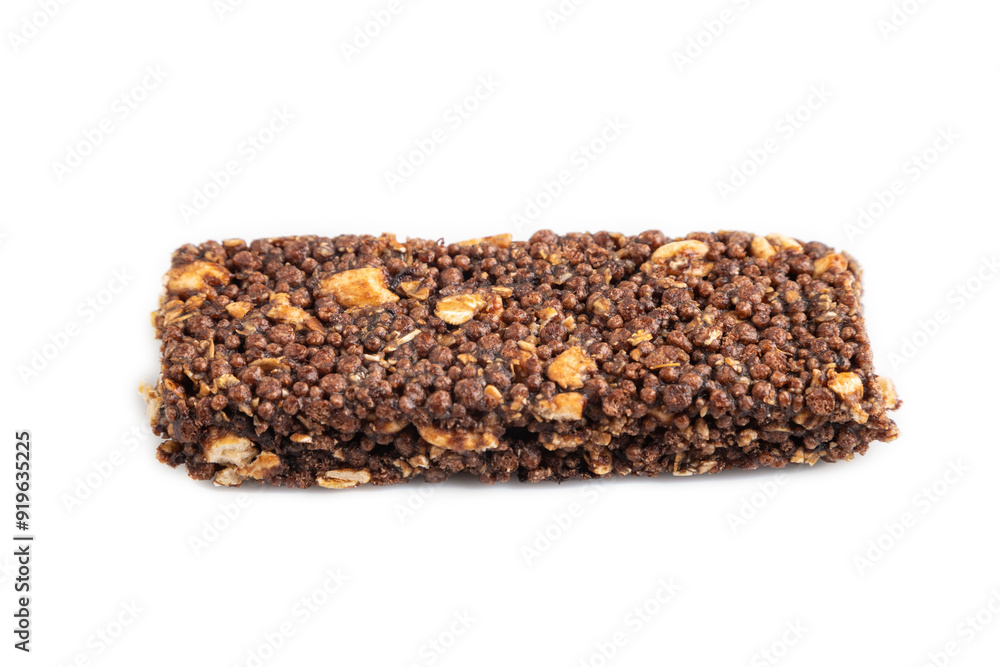 Granola bar with chocolate, caramel, nuts, flakes isolated on white. Side view, close up. Granola bar with chocolate, caramel, nuts, flakes isolated on white. Side view, close up.