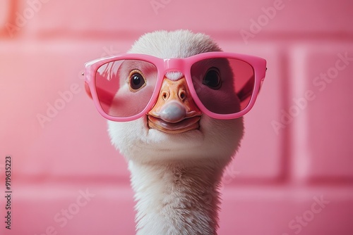 whimsical portrait of a goose wearing oversized sunglasses vivid studio backdrop with pop art inspired colors playful and unexpected animal photography photo