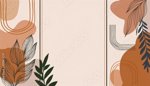 Artistic abstract background featuring a collage of organic shapes and line-art leaves in soft pastel colors, blending modern design with natural elements. photo