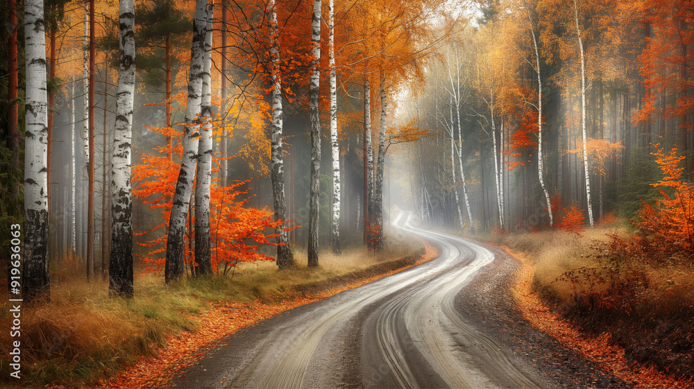 Winding road through birch trees with vivid autumn colors in a foggy forest, symbolizing the beauty and serenity of nature's seasonal change Winding road through birch trees with vivid autumn colors in a foggy forest, symbolizing the beauty and serenity of nature's seasonal change