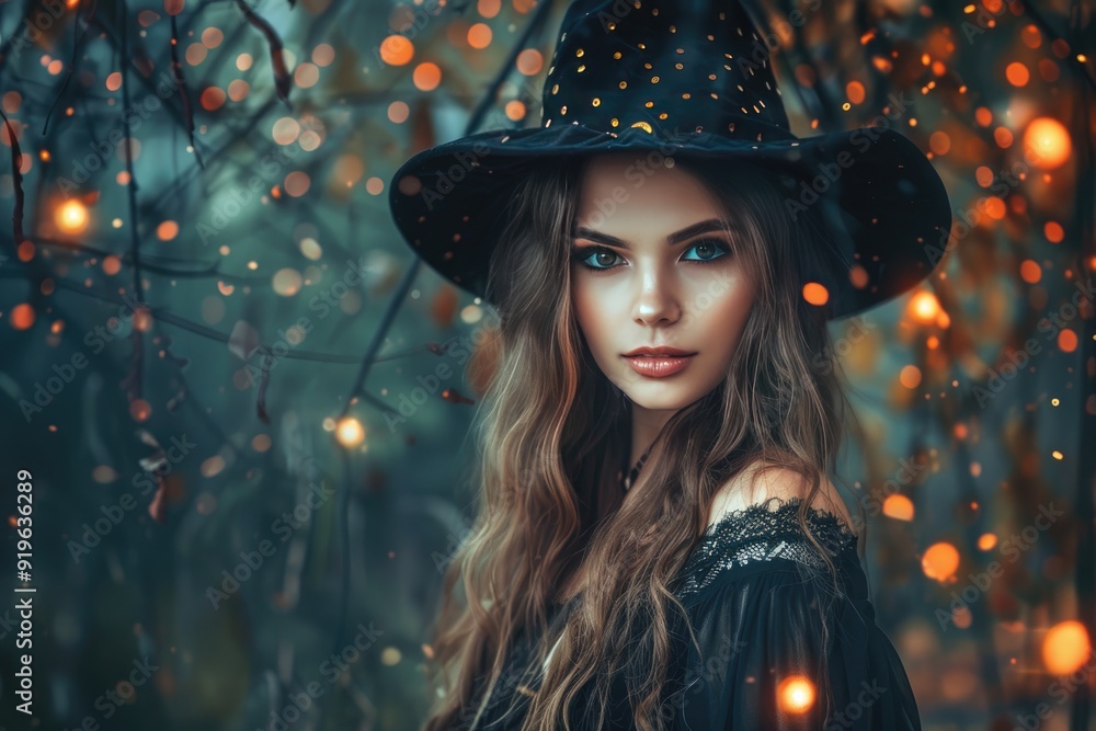 portrait of a girl in a hat with bokeh lighting tree vines background portrait of a girl in a hat with bokeh lighting tree vines background