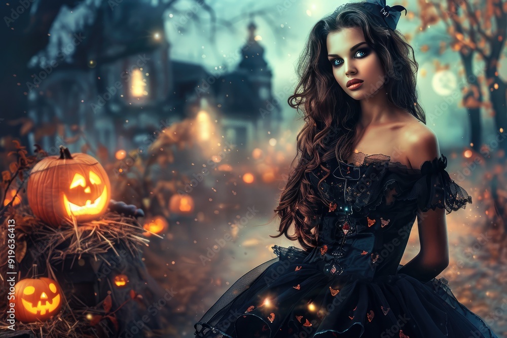 Fototapeta premium beautiful black dress girl in front of witch house decorated with pumpkin smoked and lightning