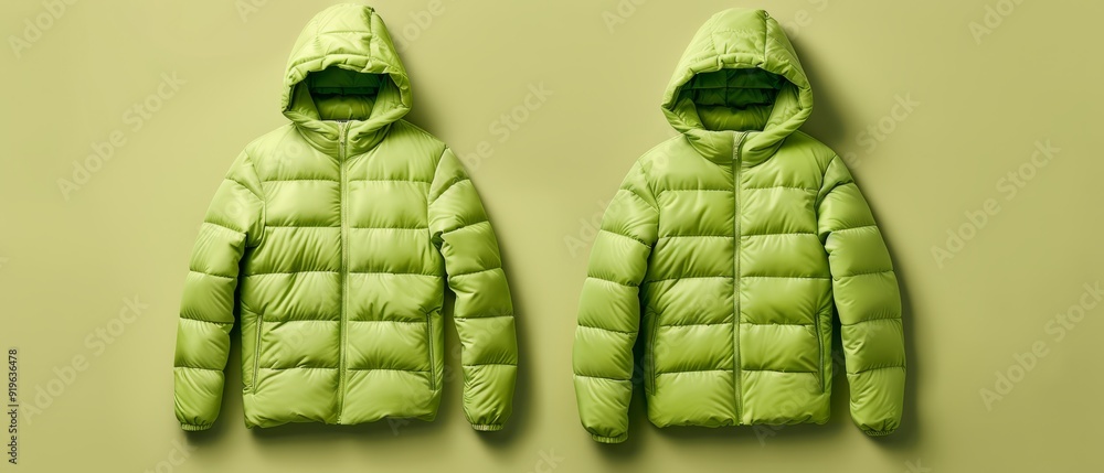 Fototapeta premium A pair of neon green jackets against a beige wall with a single light green wall in the background