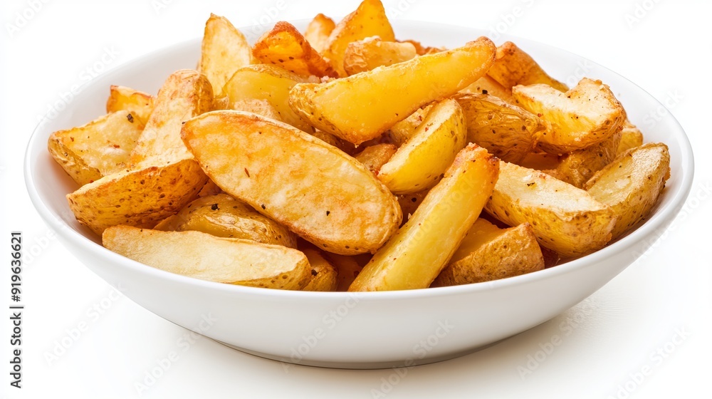 Bowl of golden fried potatoes against a white backdrop. Bowl of golden fried potatoes against a white backdrop.