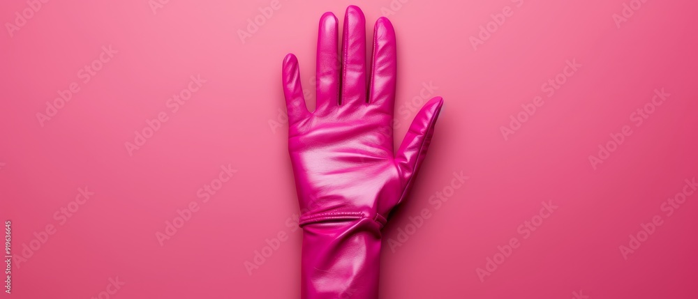 A pink hand rests atop a pink surface, one pink glove placed gently beside it A pink hand rests atop a pink surface, one pink glove placed gently beside it