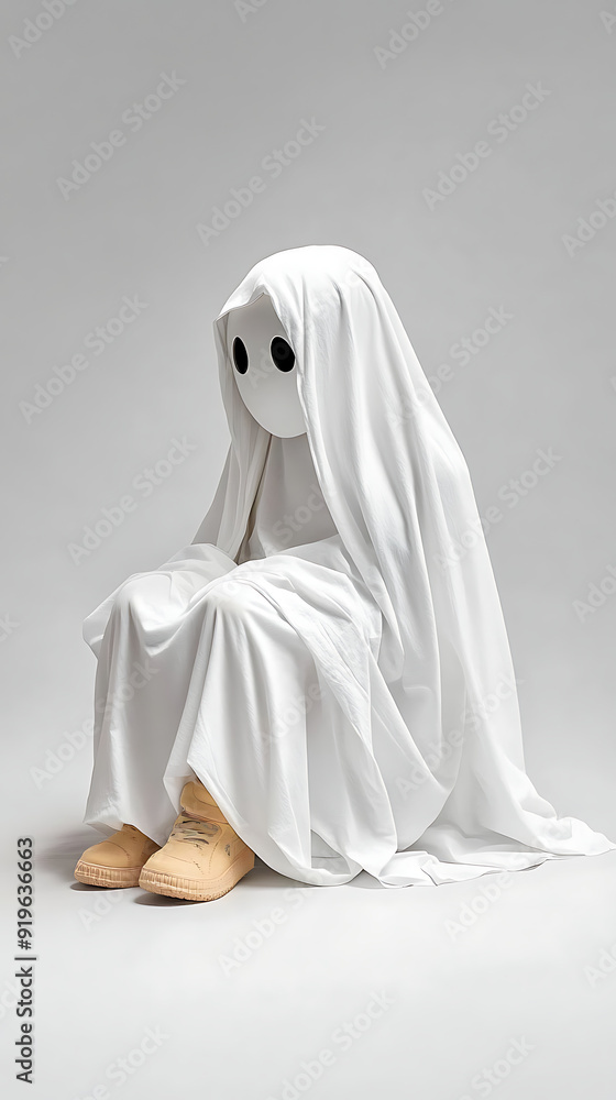 A child wearing a ghost costume with a sheet over their head A child wearing a ghost costume with a sheet over their head