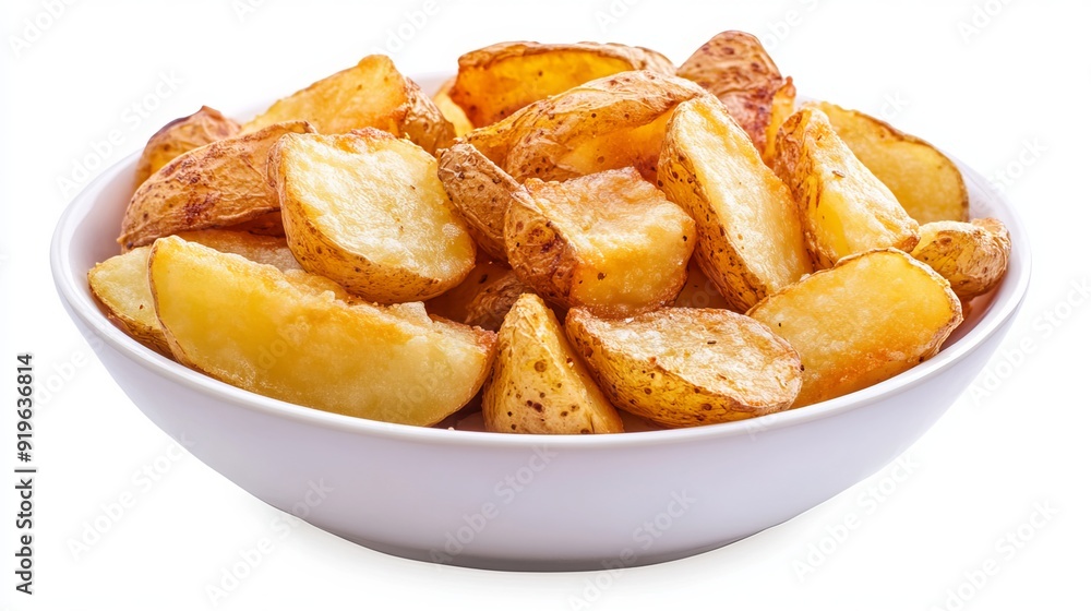 Bowl of golden fried potatoes against a white backdrop. Bowl of golden fried potatoes against a white backdrop.