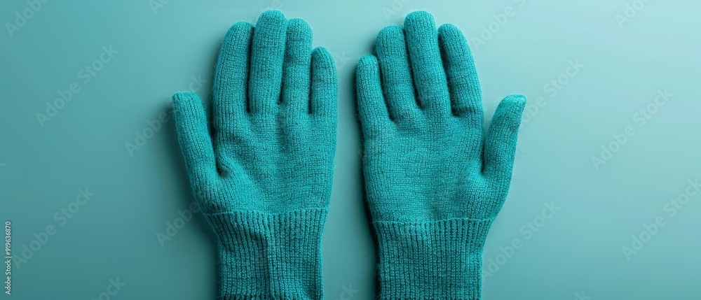 Obraz premium A pair of blue gloves lies on a blue surface, one atop the other
