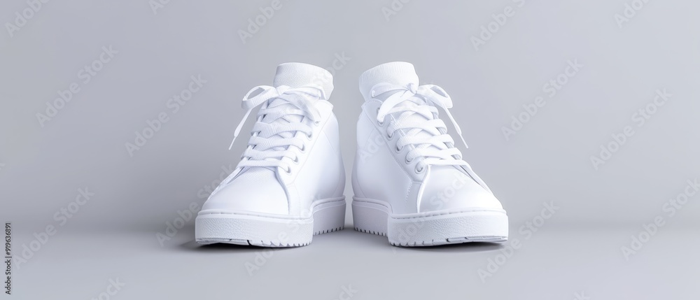A pair of white sneakers sits atop a gray surface The laces, white and taut, adorn the shoe tops