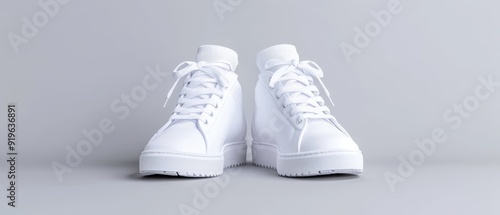 Obraz na płótnie A pair of white sneakers sits atop a gray surface The laces, white and taut, adorn the shoe tops w salonie