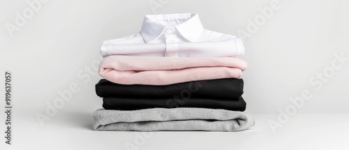  A stack of folded shirts atop a white table, adjacent to a white wall