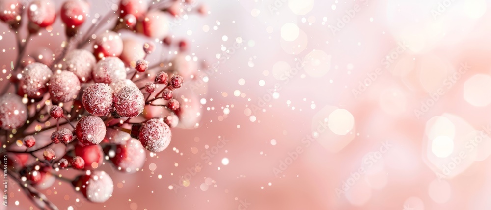 A twig bearing a tight cluster of red berries, each dewdropped with a pearl-like water droplet atop A twig bearing a tight cluster of red berries, each dewdropped with a pearl-like water droplet atop