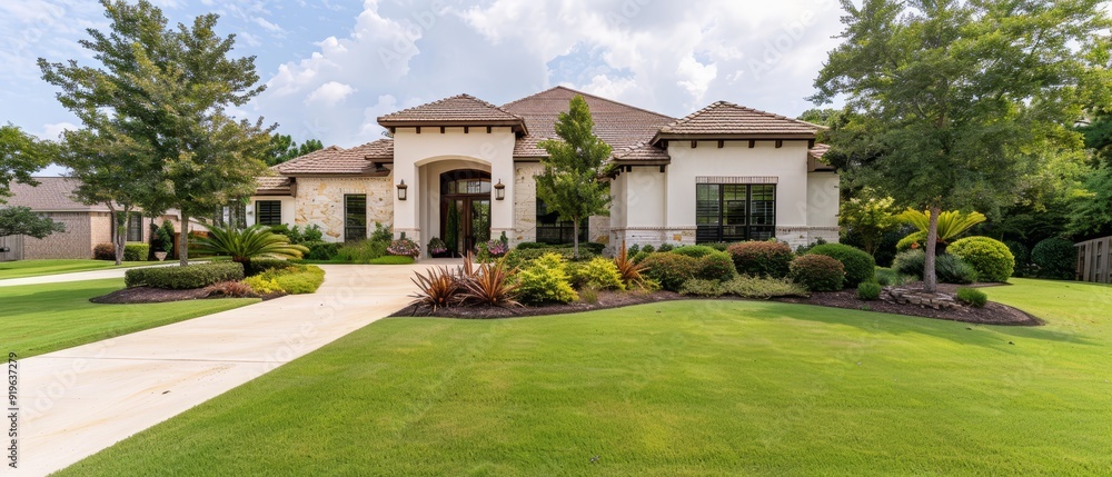 A house flanked by expanses of green grass and trees, with a pathway guiding approach to its front entrance A house flanked by expanses of green grass and trees, with a pathway guiding approach to its front entrance
