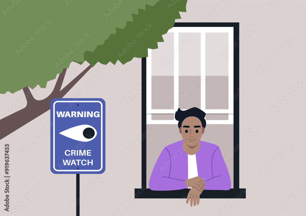A person gazes thoughtfully out the window, observing the surroundings while a crime watch sign stands nearby, signaling community vigilance A person gazes thoughtfully out the window, observing the surroundings while a crime watch sign stands nearby, signaling community vigilance