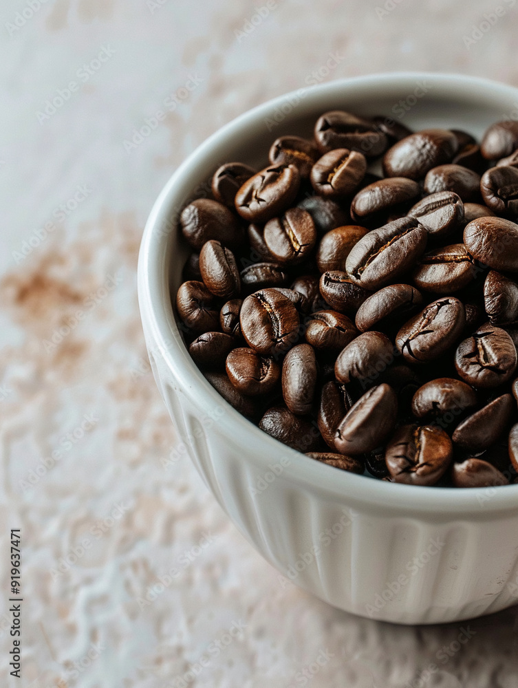 Brown coffee beans on white ceramic bowl Brown coffee beans on white ceramic bowl
