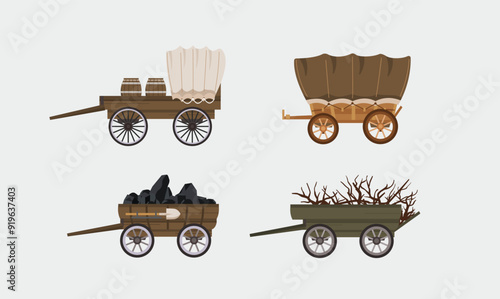 old covered wagon from the west carrying goods. traditional transportation illustration. suitable for poster use and web icon