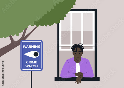 A person gazes thoughtfully out the window, observing the surroundings while a crime watch sign stands nearby, signaling community vigilance