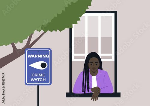 A person gazes thoughtfully out the window, observing the surroundings while a crime watch sign stands nearby, signaling community vigilance