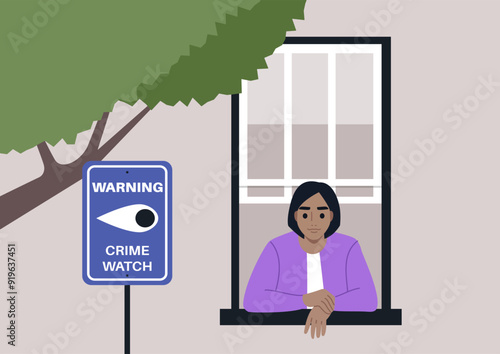 A person gazes thoughtfully out the window, observing the surroundings while a crime watch sign stands nearby, signaling community vigilance