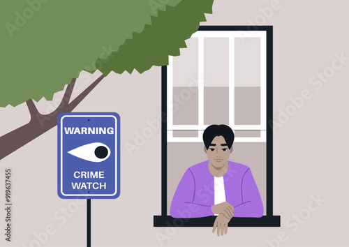 A person gazes thoughtfully out the window, observing the surroundings while a crime watch sign stands nearby, signaling community vigilance