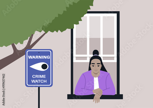 A person gazes thoughtfully out the window, observing the surroundings while a crime watch sign stands nearby, signaling community vigilance