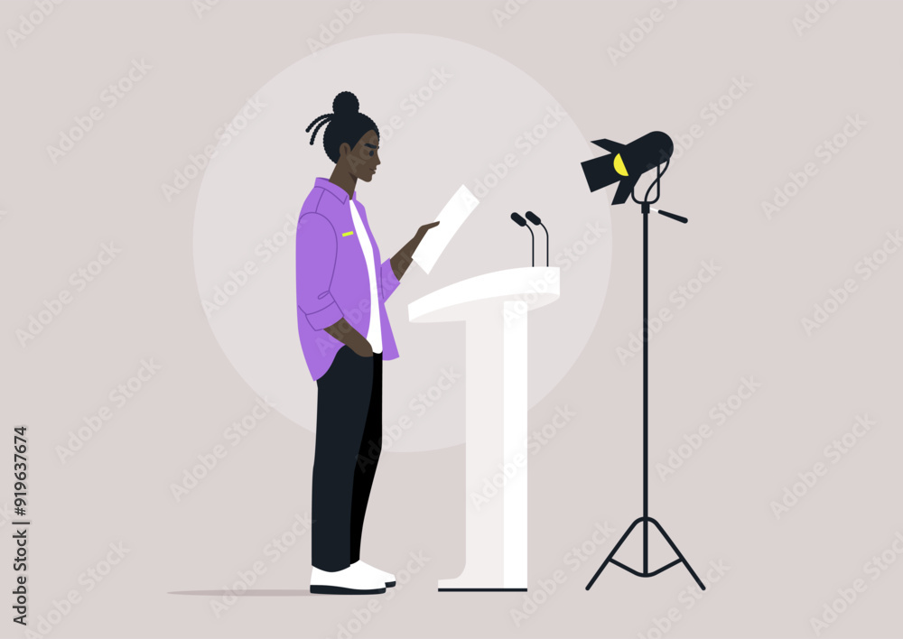 A confident individual reads from a paper while standing at a podium, focused under the spotlight and preparing to engage an audience A confident individual reads from a paper while standing at a podium, focused under the spotlight and preparing to engage an audience