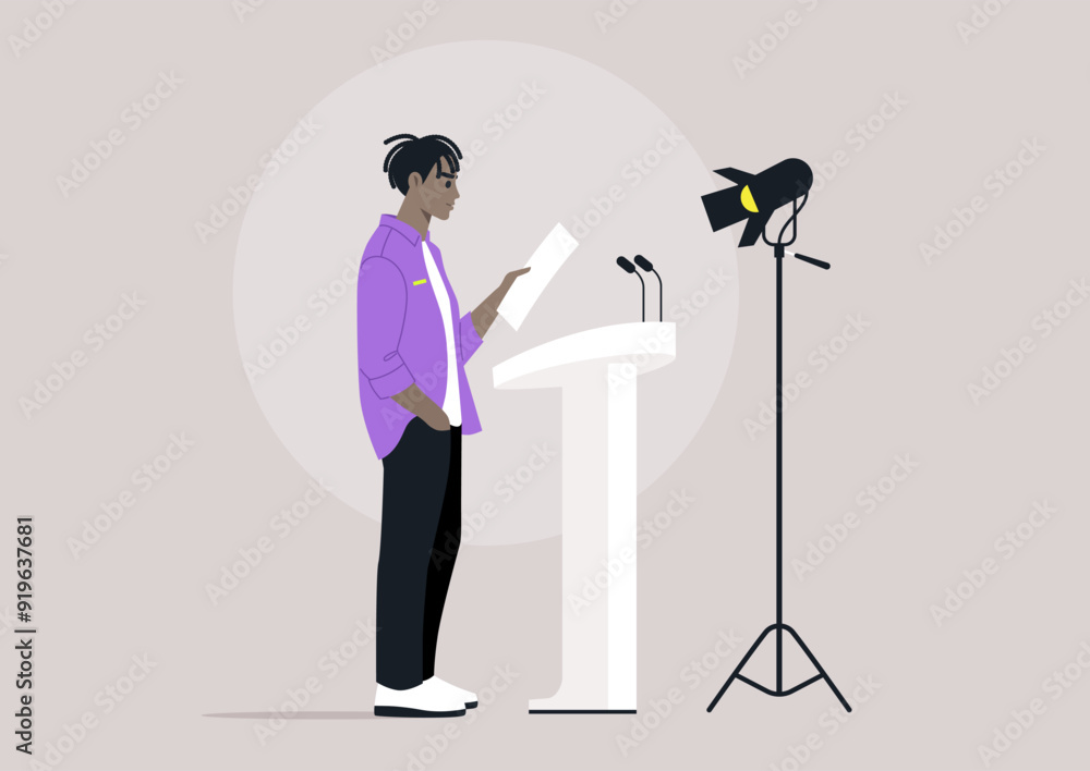 A confident individual reads from a paper while standing at a podium, focused under the spotlight and preparing to engage an audience A confident individual reads from a paper while standing at a podium, focused under the spotlight and preparing to engage an audience