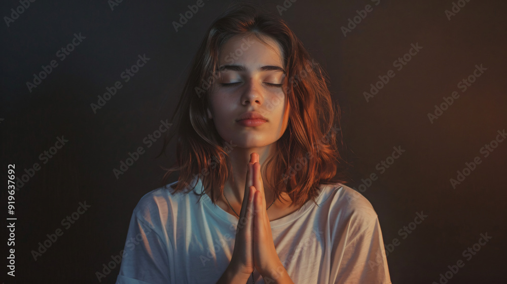 Young woman finds peace and solace in her spirituality as she closes her eyes and holds her hands together in prayer Young woman finds peace and solace in her spirituality as she closes her eyes and holds her hands together in prayer