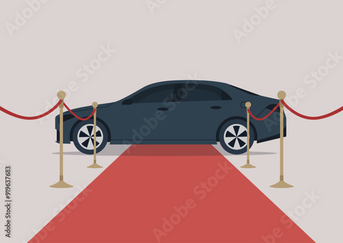 A chic car stands poised on a long red carpet, ready for its moment in the spotlight at a prestigious event