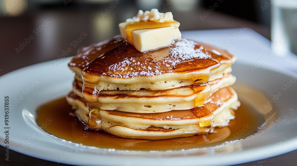 Plate of pancakes drizzled with syrup and topped with a pat of butter. Plate of pancakes drizzled with syrup and topped with a pat of butter.