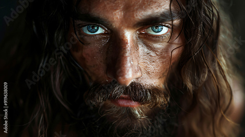 Image of a ruggedly handsome man with striking blue eyes and a long hair and beard photo