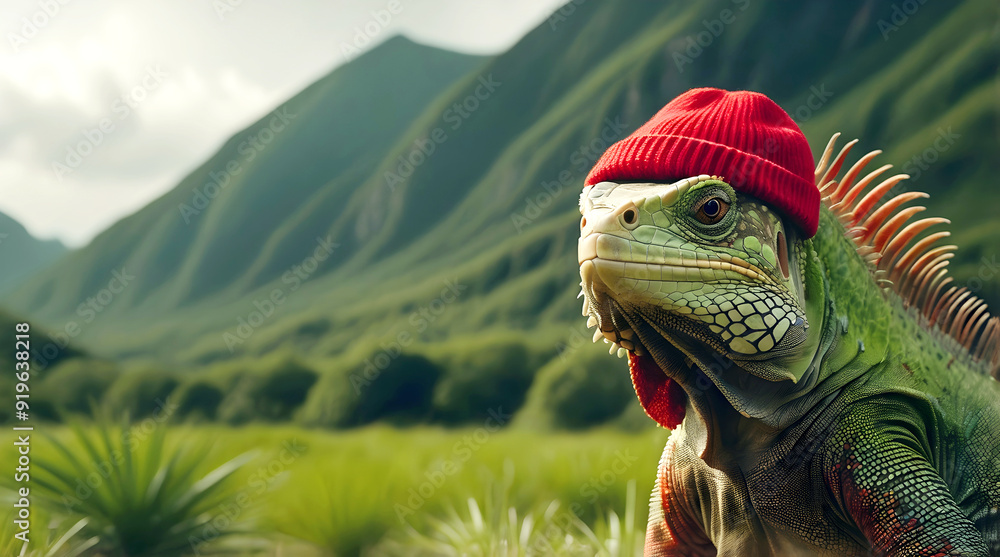 Closeup of cute green red Iguana lizard, reptile, animals and wildlife in nature background