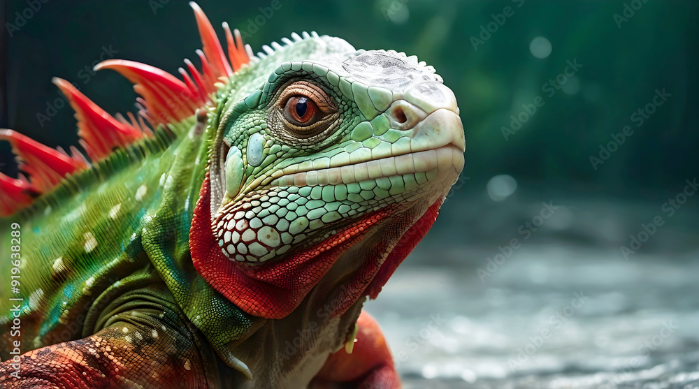 Closeup of cute green red Iguana lizard, reptile, animals and wildlife in nature background