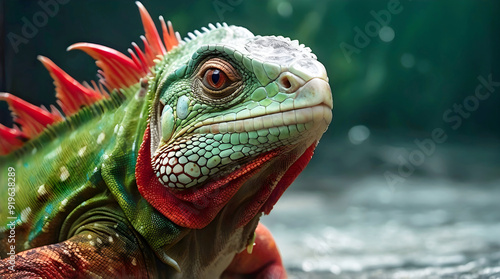 Obraz na płótnie Closeup of cute green red Iguana lizard, reptile, animals and wildlife in nature background w salonie