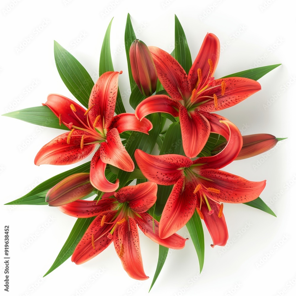 Red lilies in a bouquet with green leaves against a white backdrop Red lilies in a bouquet with green leaves against a white backdrop