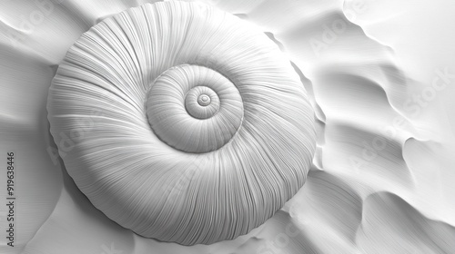 A white seashell with a spiral pattern on a textured white background.