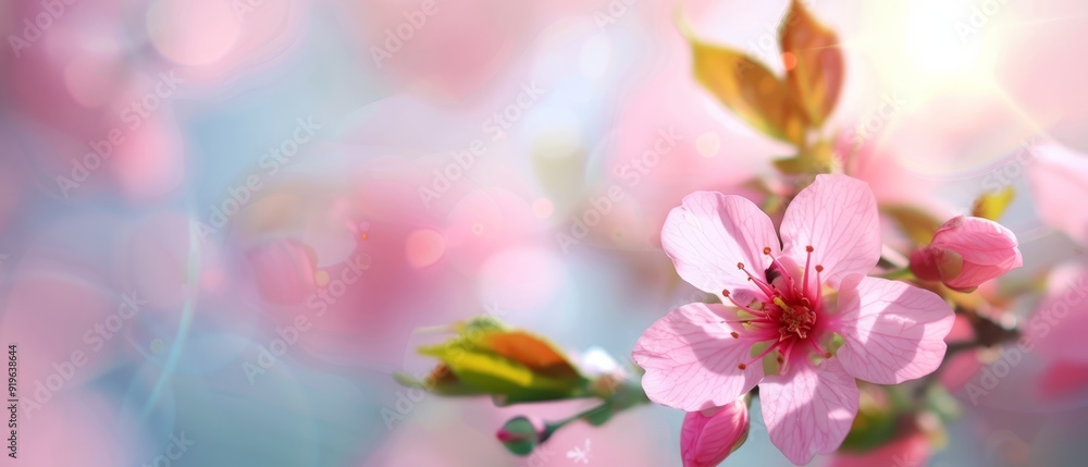 A pink flower in focus on a branch against a softly blurred backdrop of similar flowers and leaves A pink flower in focus on a branch against a softly blurred backdrop of similar flowers and leaves