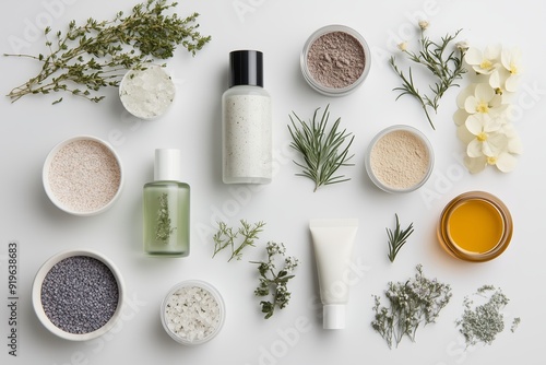 Natural skincare ingredients displayed on a white background with herbs and essential oils in various containers