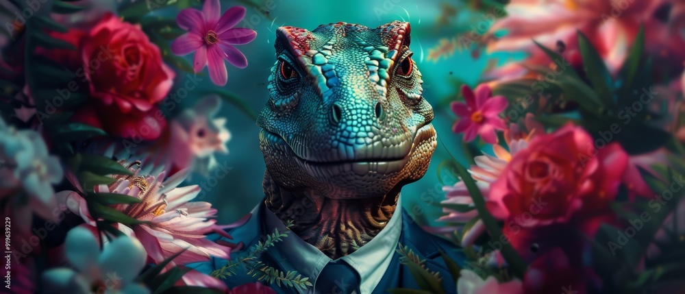  A tight shot of a lizard donning a suit and tie amidst a flower-filled meadow Background comprises various blooming flowers