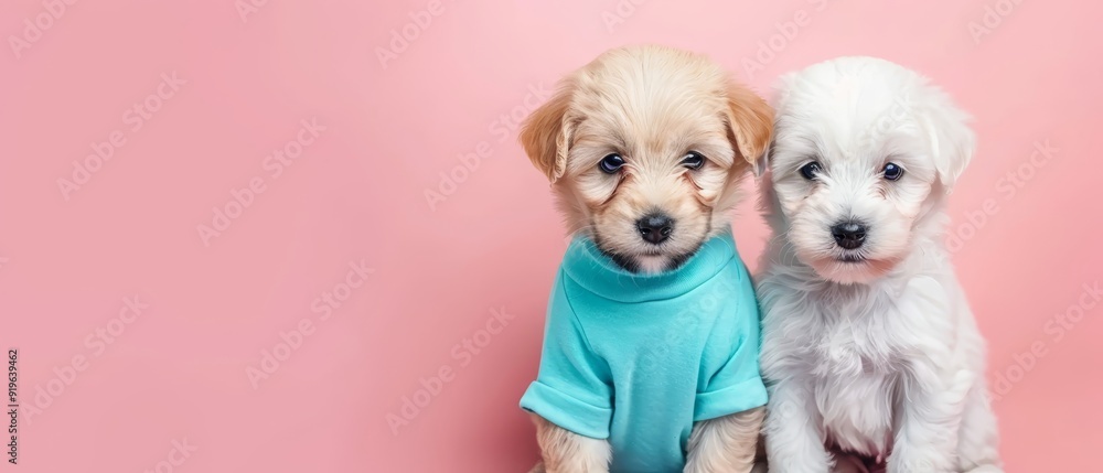 Two pupettes seated side by side before a pink backdrop, donning T-shirts Two pupettes seated side by side before a pink backdrop, donning T-shirts