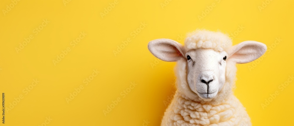 A tight shot of a sheep's head against a yellow backdrop, featuring a yellow wall in the distance A tight shot of a sheep's head against a yellow backdrop, featuring a yellow wall in the distance