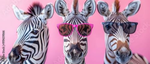  A duo of zebras dons pink sunglasses against a rosy backdrop; two additional zebras are present before them photo